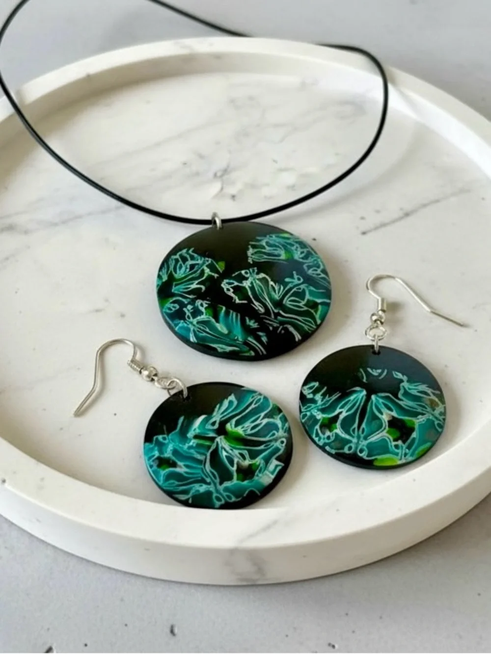 Handmade Blue & Black Abstract Floral Polymer Clay Pendant Necklace Earring Set